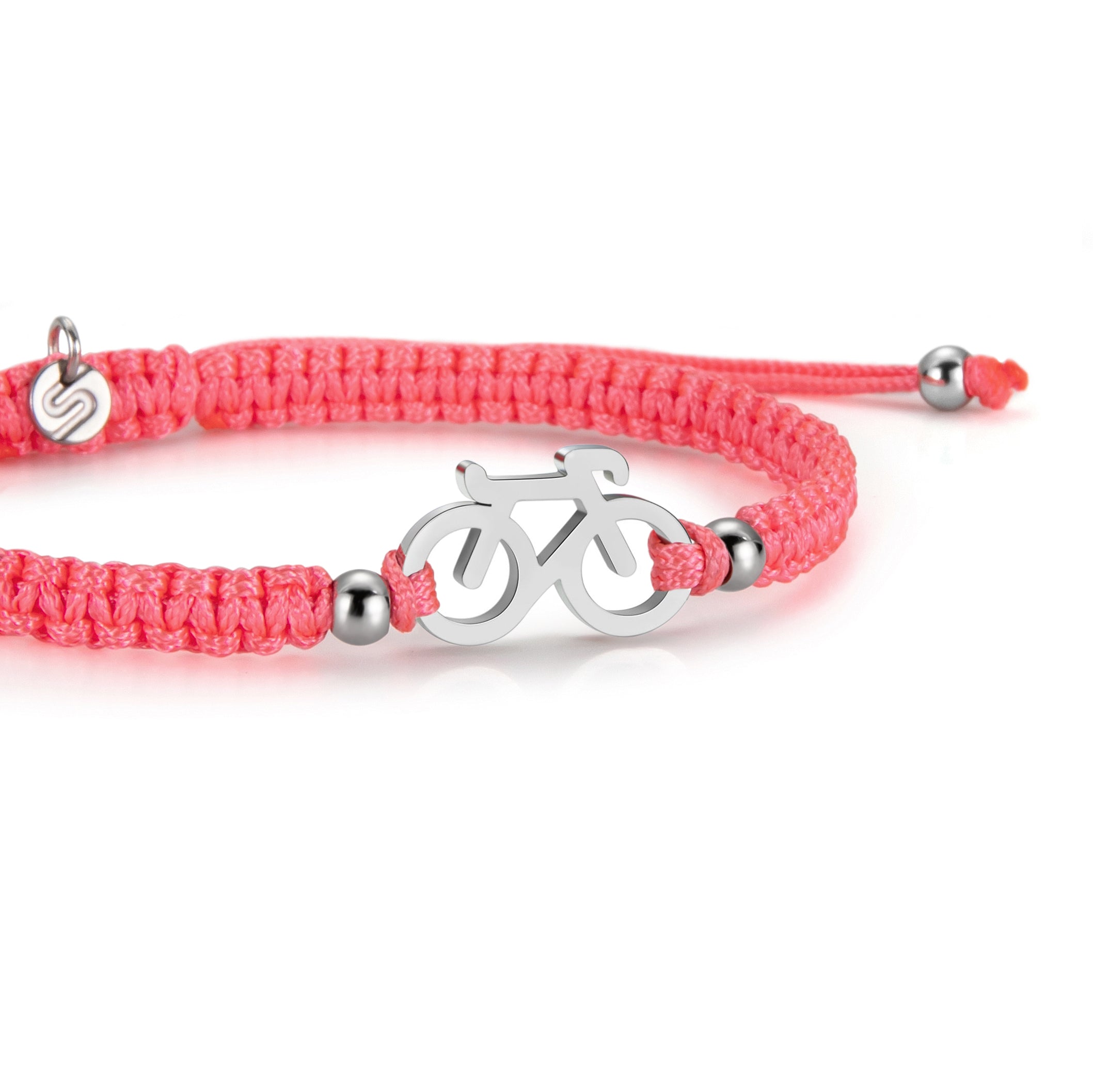 Pulsera trenzada de bicicleta plateada en rosa neón