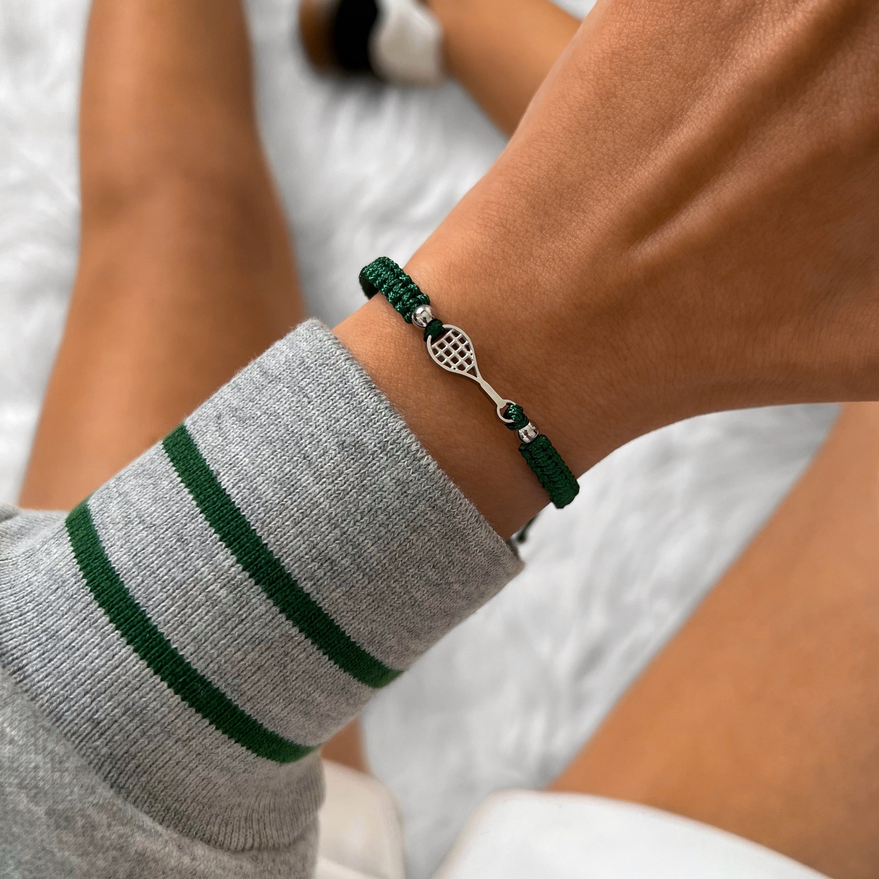 Silver Tennis Dark Green Braided Bracelet