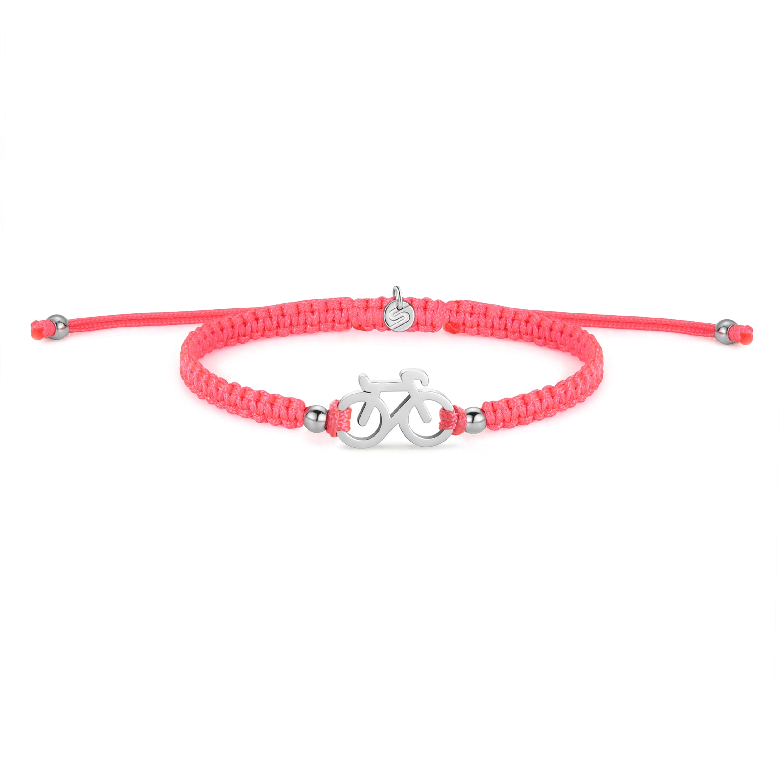 Pulsera trenzada de bicicleta plateada en rosa neón