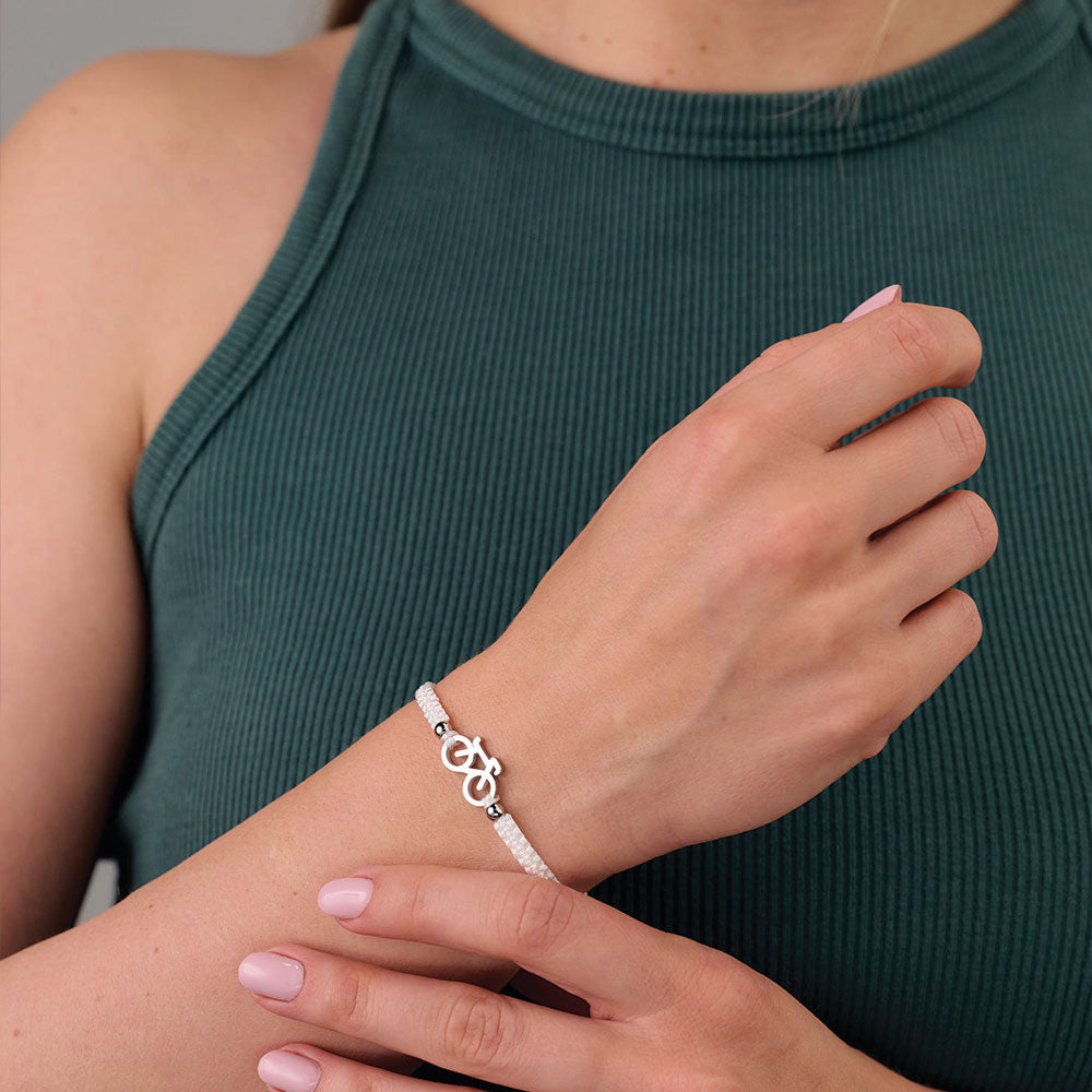 Silver  Bike White Braided Bracelet